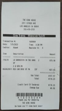 Receipt from The Wine House